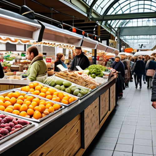 Home 18 ** A bustling Stockholm market scene. Stalls feature locally sourced food, sustainable products, and diverse vendor offerings. The focus is on showing consumer appreciation for "hållbarhet" (sustainability) and local preferences. Include a Foodora or Uber Eats delivery person slightly out of focus in the background to represent existing competition.
**