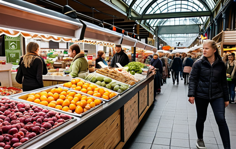** A bustling Stockholm market scene. Stalls feature locally sourced food, sustainable products, and diverse vendor offerings. The focus is on showing consumer appreciation for "hållbarhet" (sustainability) and local preferences. Include a Foodora or Uber Eats delivery person slightly out of focus in the background to represent existing competition.

**
