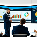 A diverse group of professional individuals, aged 30s-50s, dressed in modest business suits and appropriate attire, engaged in a dynamic brainstorming session in a bright, modern office. They are gathered around a large interactive screen displaying complex data visualizations related to market trends and technological advancements. One person is gesturing towards the screen, while others are actively listening and taking notes. The scene captures innovation and adaptability. Perfect anatomy, correct proportions, natural pose, well-formed hands, proper finger count, natural body proportions, professional photography, high quality, safe for work, appropriate content, fully clothed, professional.