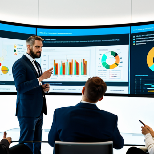 A diverse group of professional individuals, aged 30s-50s, dressed in modest business suits and appropriate attire, engaged in a dynamic brainstorming session in a bright, modern office. They are gathered around a large interactive screen displaying complex data visualizations related to market trends and technological advancements. One person is gesturing towards the screen, while others are actively listening and taking notes. The scene captures innovation and adaptability. Perfect anatomy, correct proportions, natural pose, well-formed hands, proper finger count, natural body proportions, professional photography, high quality, safe for work, appropriate content, fully clothed, professional.