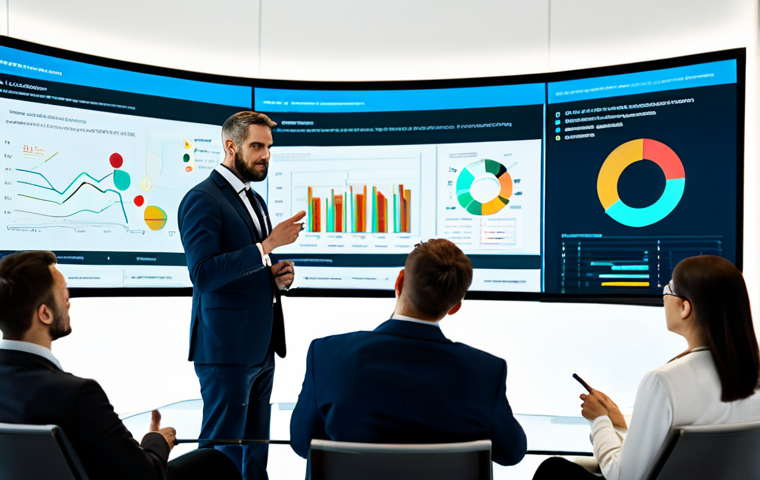 A diverse group of professional individuals, aged 30s-50s, dressed in modest business suits and appropriate attire, engaged in a dynamic brainstorming session in a bright, modern office. They are gathered around a large interactive screen displaying complex data visualizations related to market trends and technological advancements. One person is gesturing towards the screen, while others are actively listening and taking notes. The scene captures innovation and adaptability. Perfect anatomy, correct proportions, natural pose, well-formed hands, proper finger count, natural body proportions, professional photography, high quality, safe for work, appropriate content, fully clothed, professional.